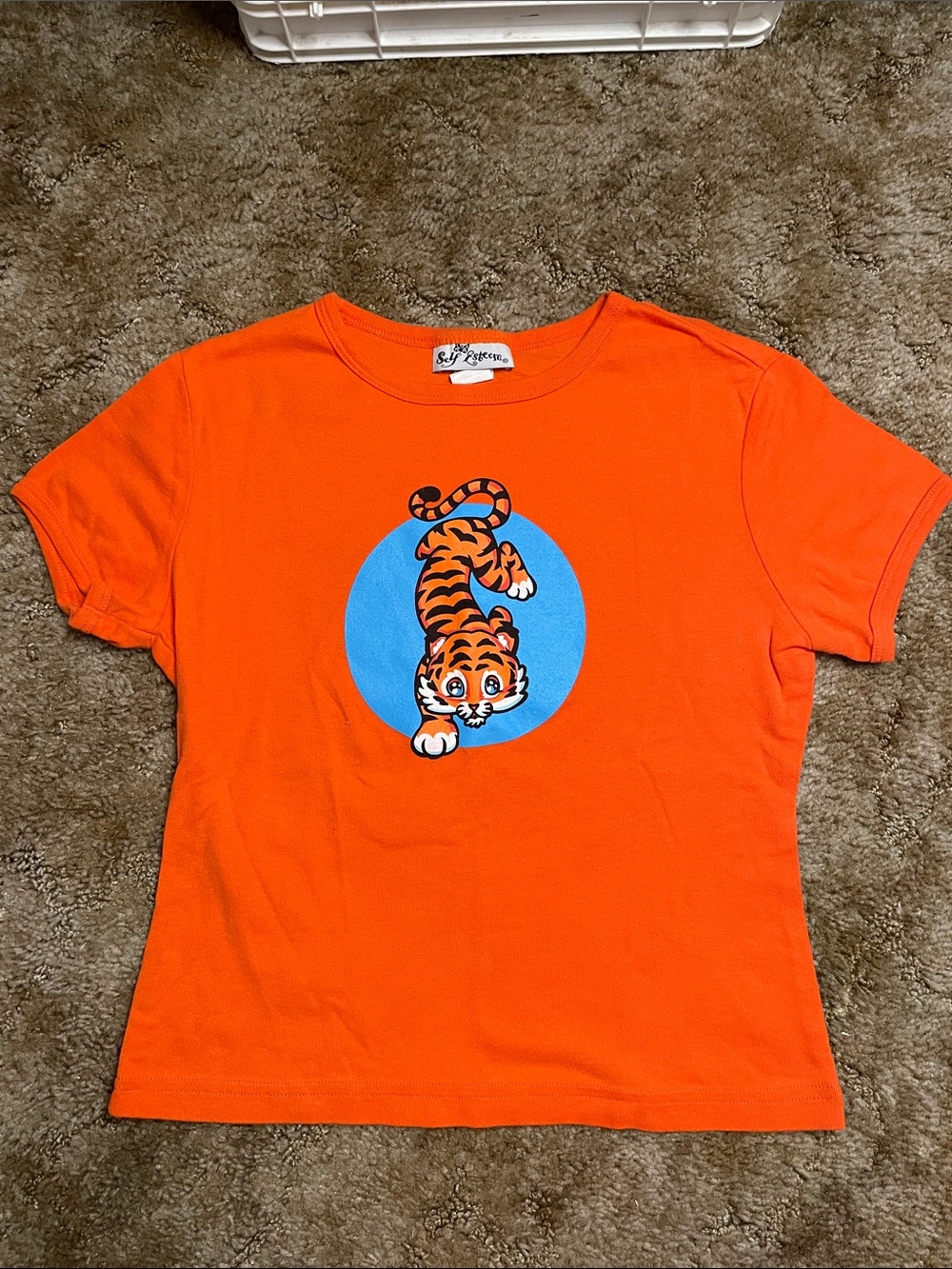 Self Esteem Y2K 2000s Style Orange Baby Tee with Tiger Size Large